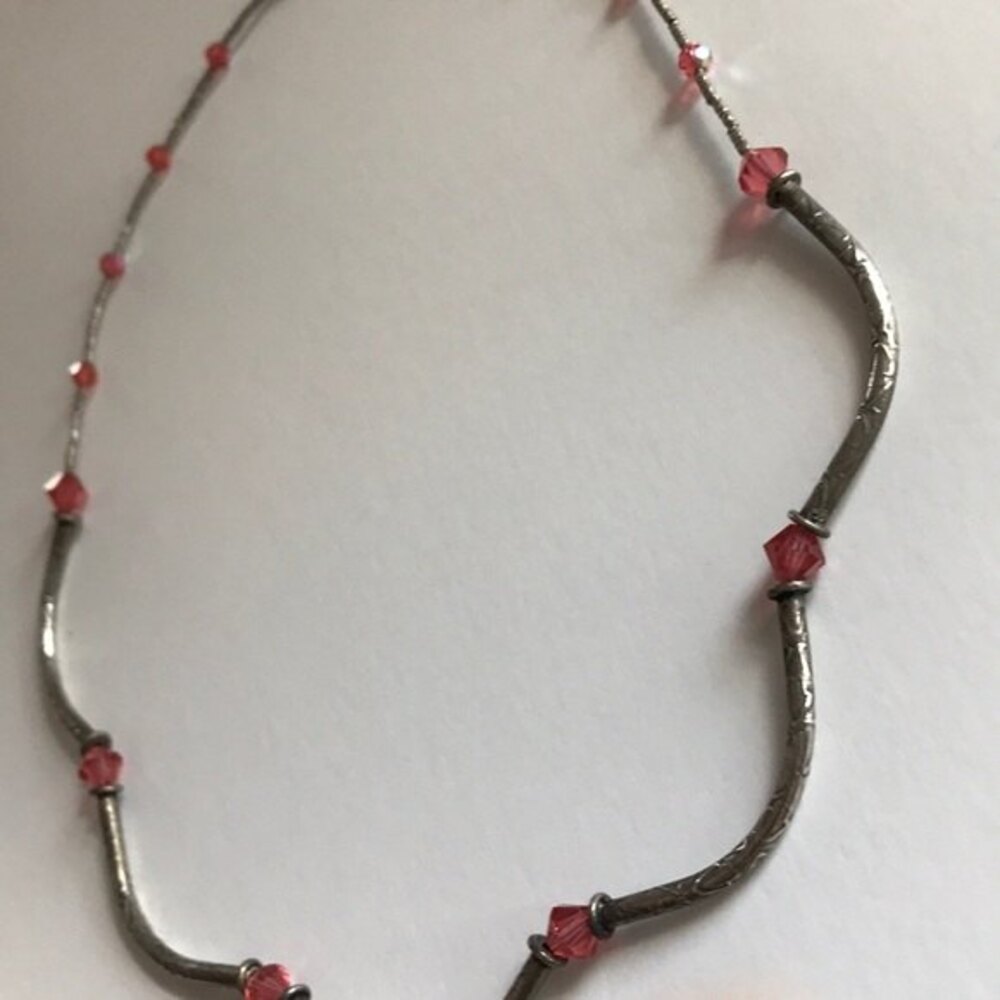 Vintage Sterling Silver Curved Carved Tube Beads Swarovski Crystal Necklace 17.5 - Picture 6 of 8